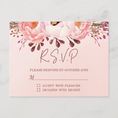Pale Pink Ruby Floral Wedding RSVP Postcard