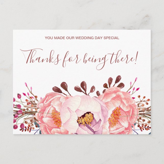 Pale Pink Ruby Floral Wedding Thank You Postcard (Front)