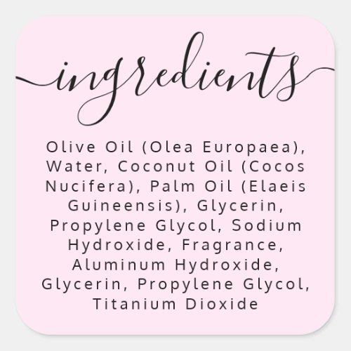 Pale pink script ingredient list product label