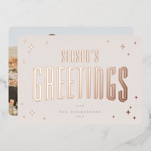 Pale Pink Season's Greetings Retro Stars Photo  Foil Holiday Card (Front/Back)