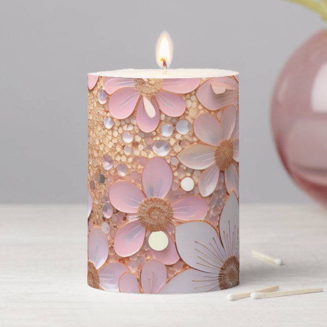Pale Pink Shiny Flower Pillar Candle (In Situ)