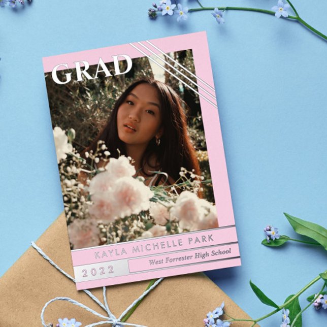 Pale Pink & Silver Lines Photo Graduation Foil Invitation (Creator Uploaded)