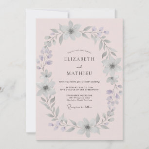 Pale Pink Silver Wreath Wedding Invitation