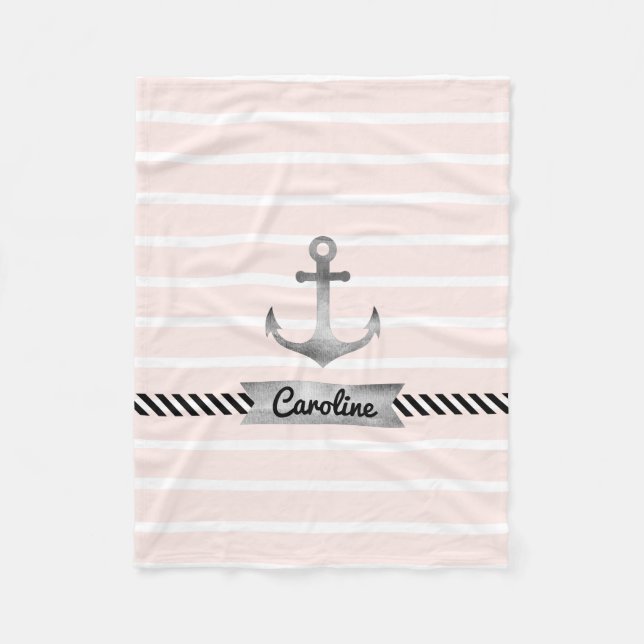 Pale Pink Stripes Watercolor Anchor Personalized Fleece Blanket (Front)