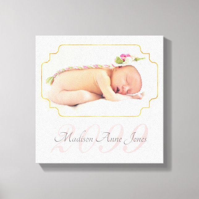 Pale Pink Stripes with Name Baby SQUARE Photo Canvas Print (Front)