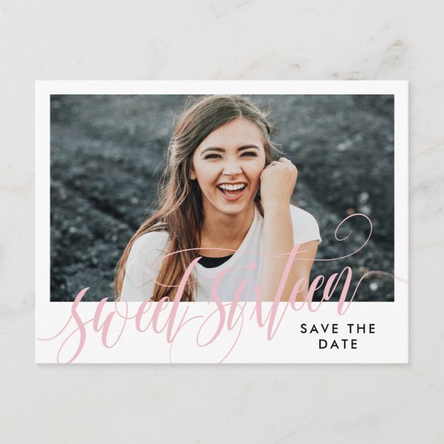 Pale Pink Swirly Sweet Sixteen Save the Date Postcard (Front)