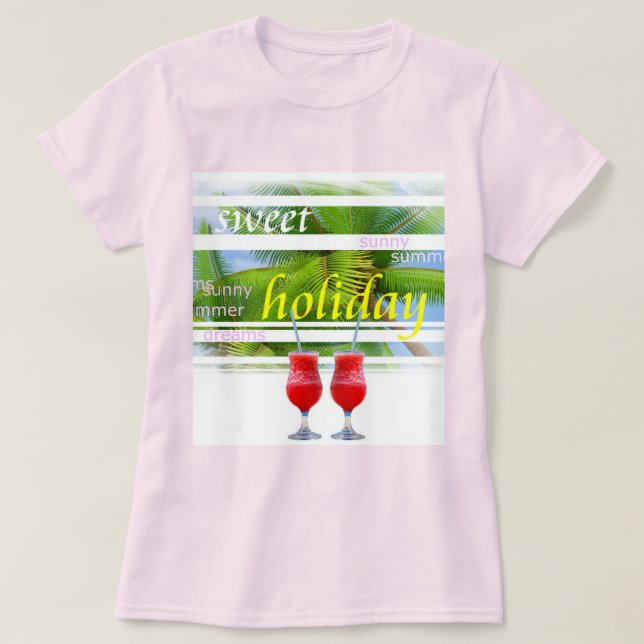 Pale Pink Trendy Holiday Palms Sky Modern Template T-Shirt (Design Front)