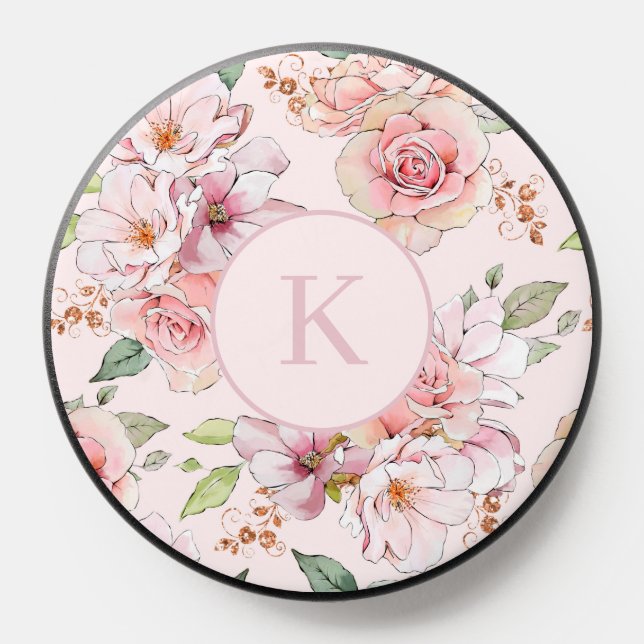 Pale pink vintage roses pattern custom monogram PopSocket (Popsocket)
