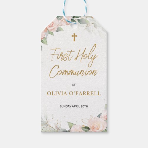 Pale Pink Watercolor Flowers First Holy Communion Gift Tags