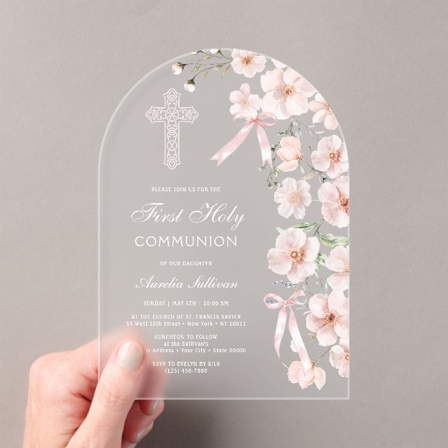Pale Pink Wildflowers and Bows First Communion Acrylic Invitations (Insitu (Handheld))
