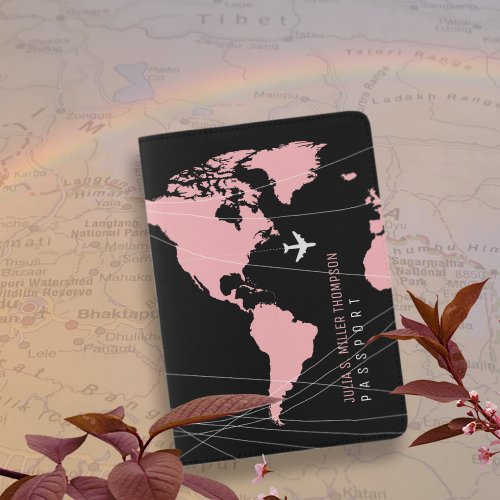 pale_pink worldmap on black elegant travel  passport holder