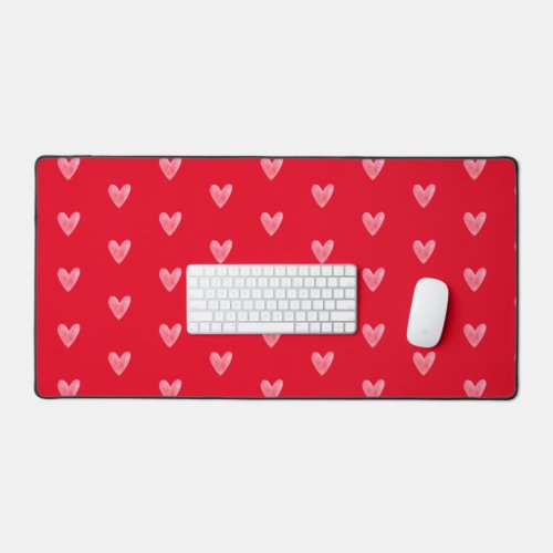 Pale Pinky Watercolor Hearts on Red  Desk Mat