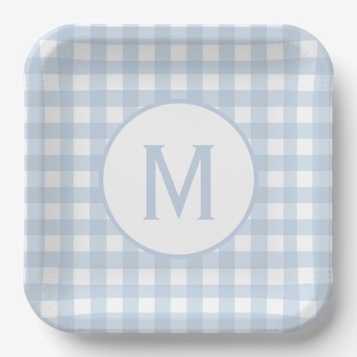 Pale Powder Blue Gingham Pattern Monogram Paper Plates