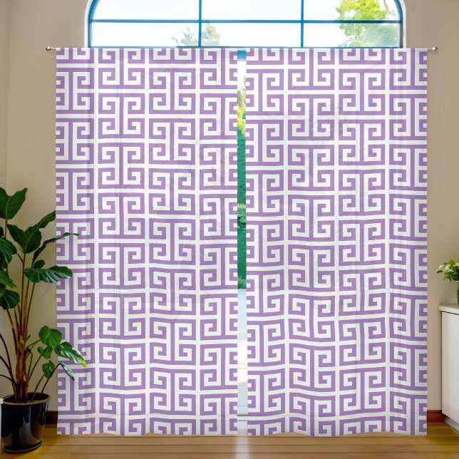Pale Purple and White Greek Key Pattern Sheer Curtains (Living Room)