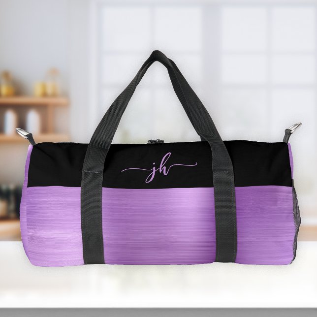 Pale Purple Brushed Metal Black Script Monogram  Duffle Bag (Creator Uploaded)