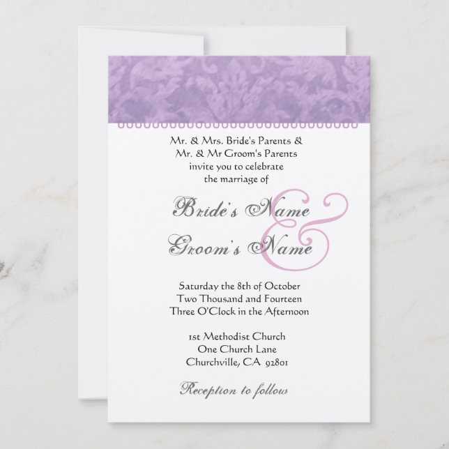 Pale Purple Damask Monogram Metallic Paper Invitation (Front)