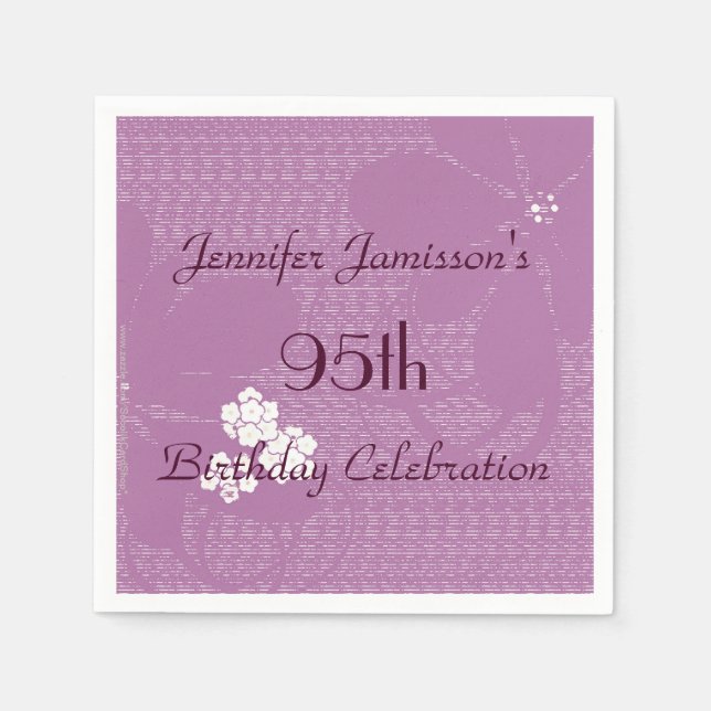 Pale Purple Floral Name 95th Birthday Party Paper Napkins (Front)