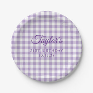 Pale Purple Gingham Plaid 21st Birthday Paper Plates