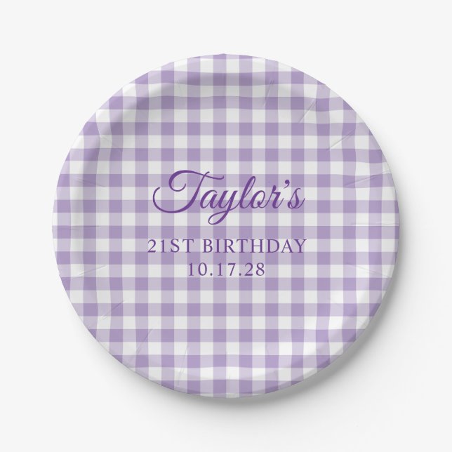 Pale Purple Gingham Plaid 21st Birthday Paper Plates (Front)