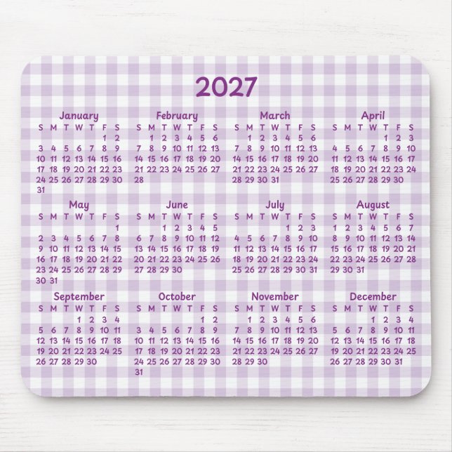Pale Purple Gingham Whimsical 2027 Calendar Mouse Pad (Front)