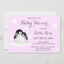 Pale Purple Heart Penguin Baby Shower Invitations
