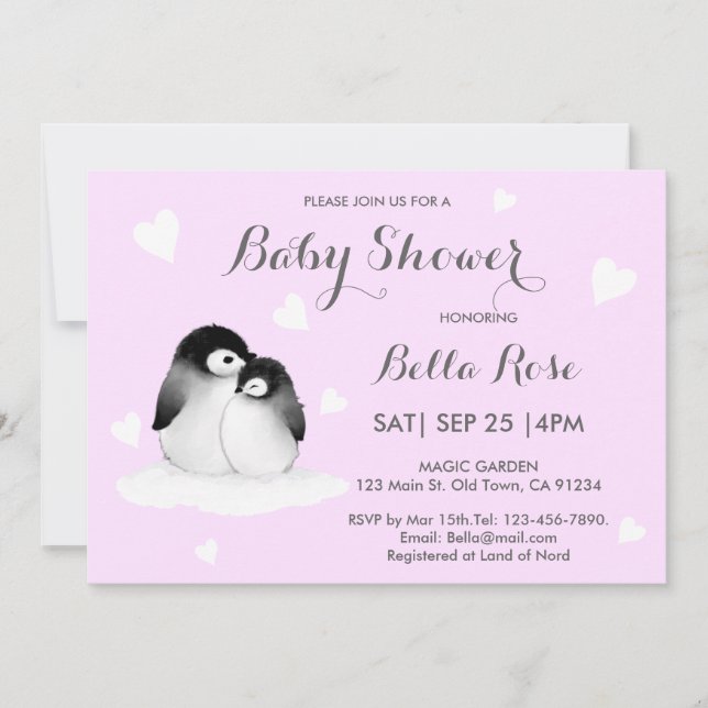 Pale Purple Heart Penguin Baby Shower Invitations (Front)