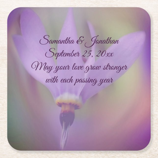 Pale Purple Lily Flower Personalized Wedding  Square Paper Coaster (Front)