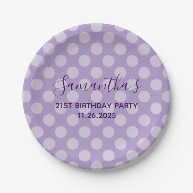 Pale Purple Polka Dot 21st Birthday Paper Plates (Front)