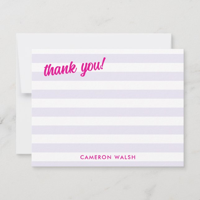Pale Purple Stripes Hot Pink Thank You Add Name Note Card (Front)