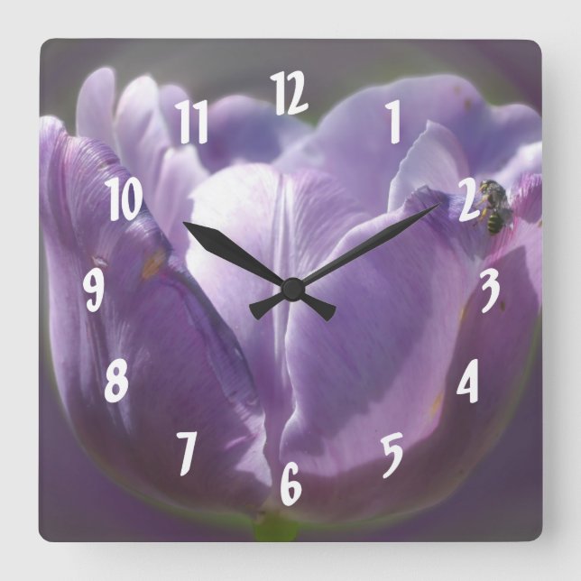 Pale Purple Tulip With Bee Floral Square Wall Clock (Front)