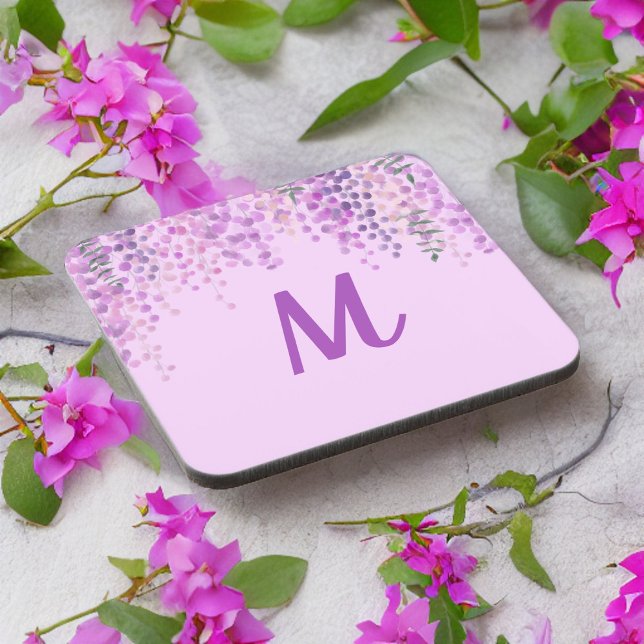 Pale Purple Watercolor Look Wisteria with Initial  Beverage Coaster (Creator Uploaded)