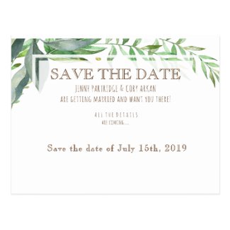 Pale Quetzal Green Leafy Save The Date Postcard