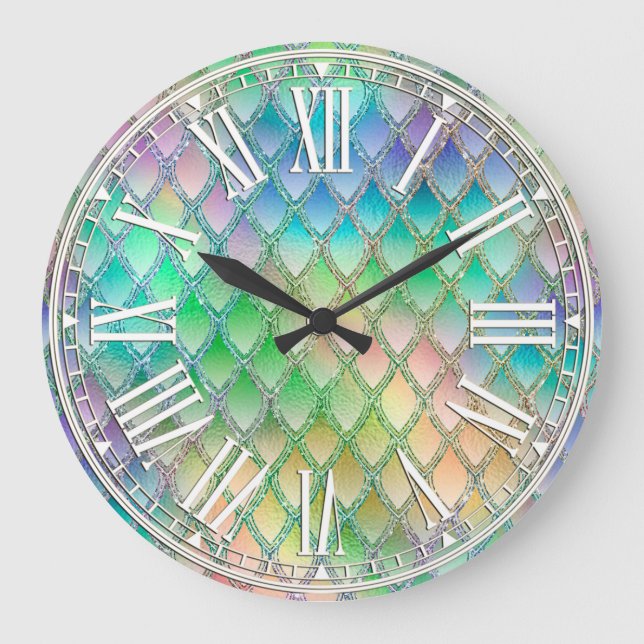 Pale Rainbow & Sparkles Dragon Scales Large Clock (Front)