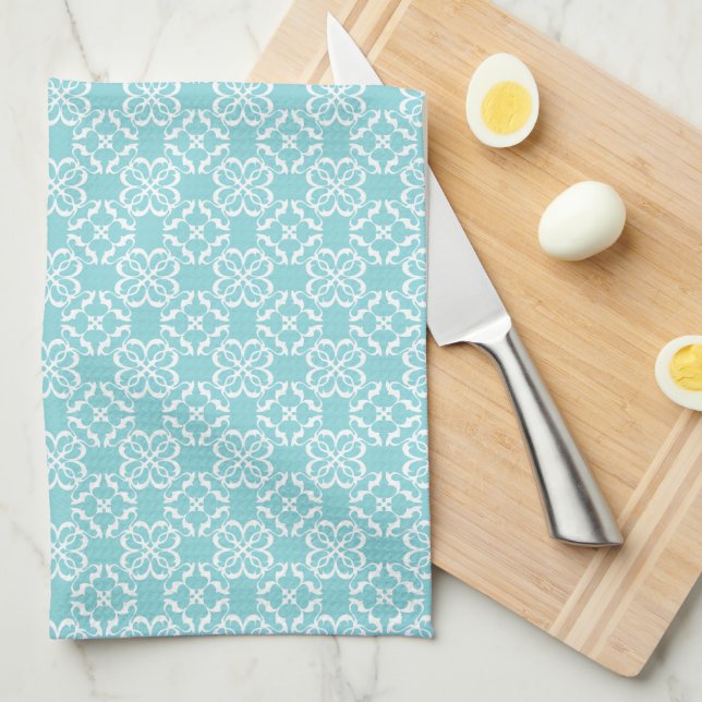 Pale Robin's Egg Blue & White Floral Lattice  Kitchen Towel (Quarter Fold)