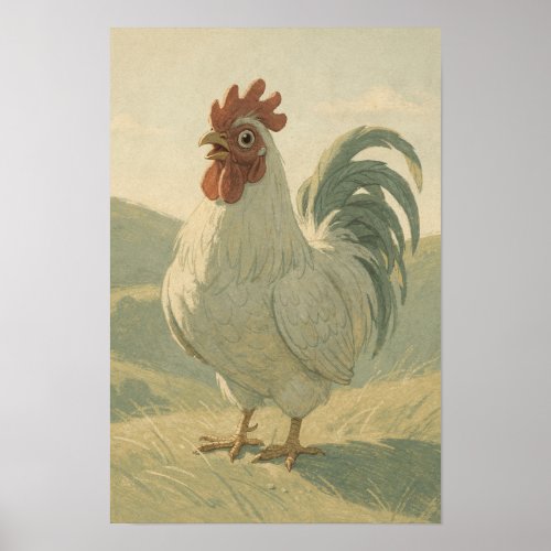 Pale Rooster in a Quiet Farm Landscape Poster