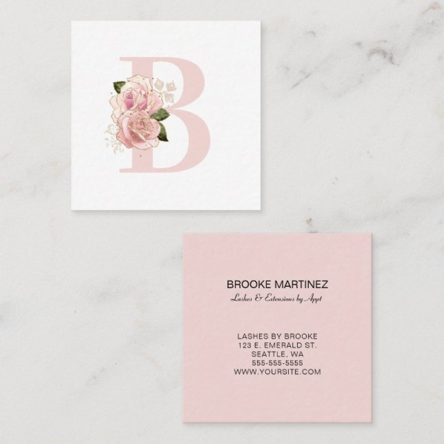 Pale Rose Gold Floral Monogram Square Business Card (Front/Back)