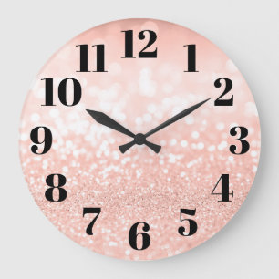 Pale Rose Gold Glam Bokeh Glitter Large Clock