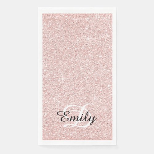 Pale Rose Gold Glitter Black and White Monogram Paper Guest Towels