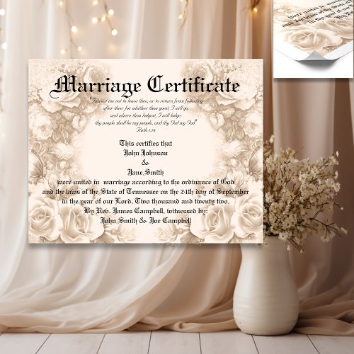 Pale Roses Marriage Certificate Poster