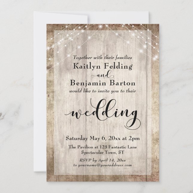 Pale Rustic Wood and White Lights Wedding Invitation (Front)