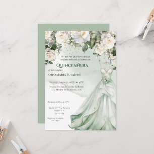Pale Sage Green Floral Quinceañera Ball Gown I Invitation