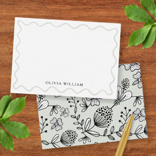 Pale Sage Green Floral Wavy Border Personalized Note Card