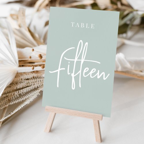 Pale Sage Green Hand Scripted Table FIFTEEN Table Number