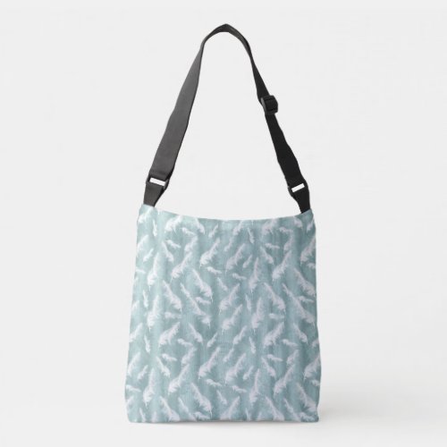 Pale sage greenlight blue with white feathers crossbody bag