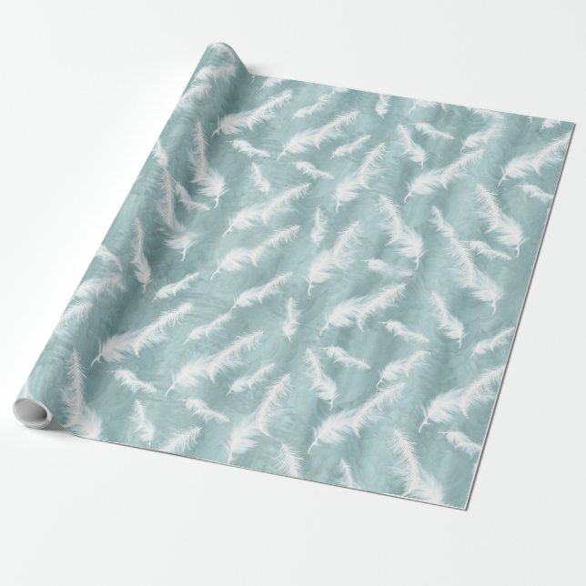 Pale sage green/light blue with white feathers wrapping paper (Unrolled)