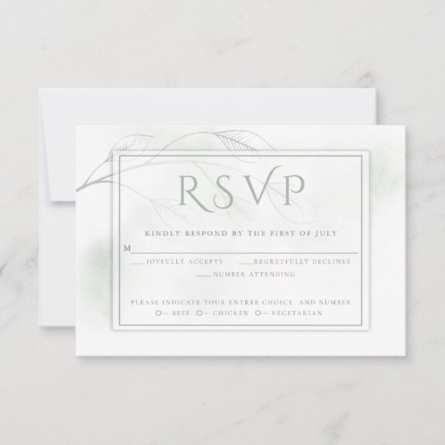 Pale Sage Green Watercolor Wash Gray Willow RSVP Card (Front)