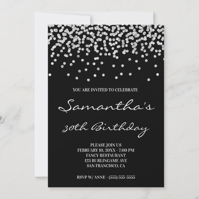 Pale Silver Glitter Confetti Black Invitation (Front)