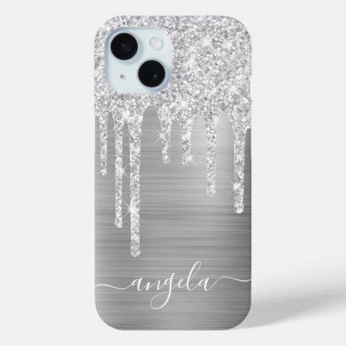 Pale Silver Glitter Drips Glam Signature iPhone 15 Case