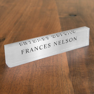 Pale Silver Grey Metallic Look Stylish Serif Desk Name Plate
