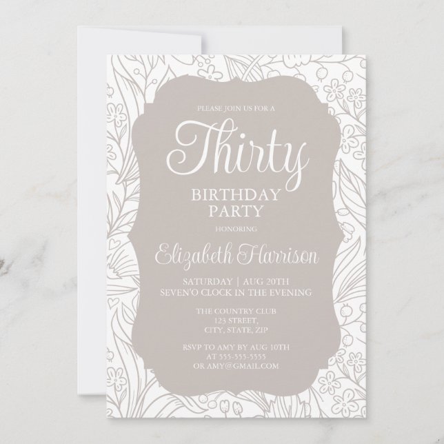 Pale Silver White Flora Woman 30th Birthday Party Invitation (Front)